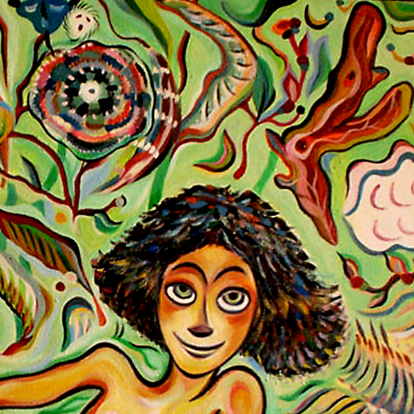 painting of smiling girl with colourful background