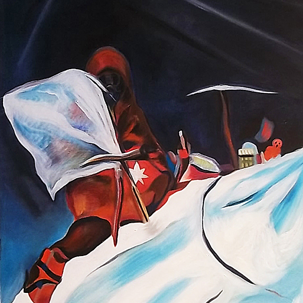 painting of mountaneer climbing