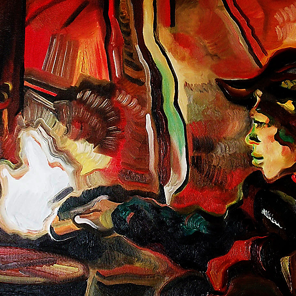 painting of boy in front of fire