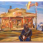 painting of mountain climber resting in front of a shack