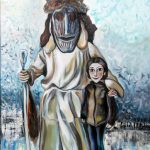 painting of little girl and busho masked man