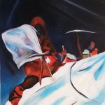painting of mountain climber dressed in red