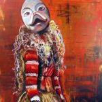 painting of female wearing white mask