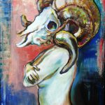 painting of female wearing a ram skull