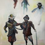 painting of people walking in fog