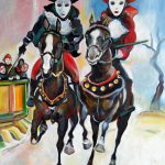 painting of two horseriders wearing venetian masks