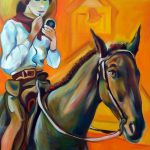 painting of woman doing her makeup seated on horse