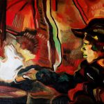 painting of boy setting log on fire