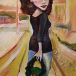 painting of young woman with handbag